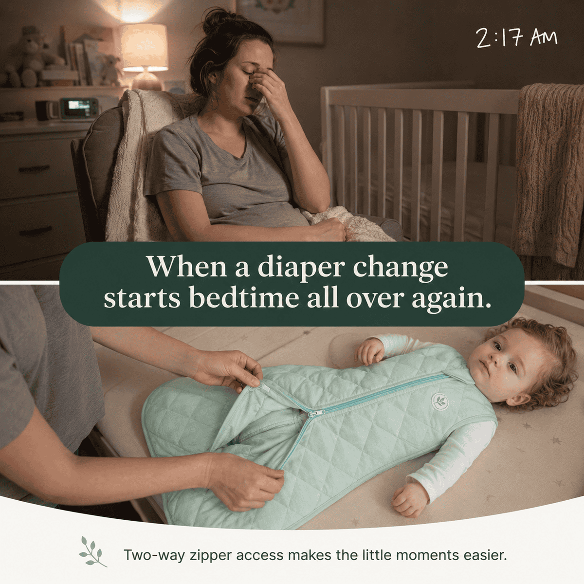 Baby sleeping peacefully in the Evernava MoonNest Baby Sleep Sack