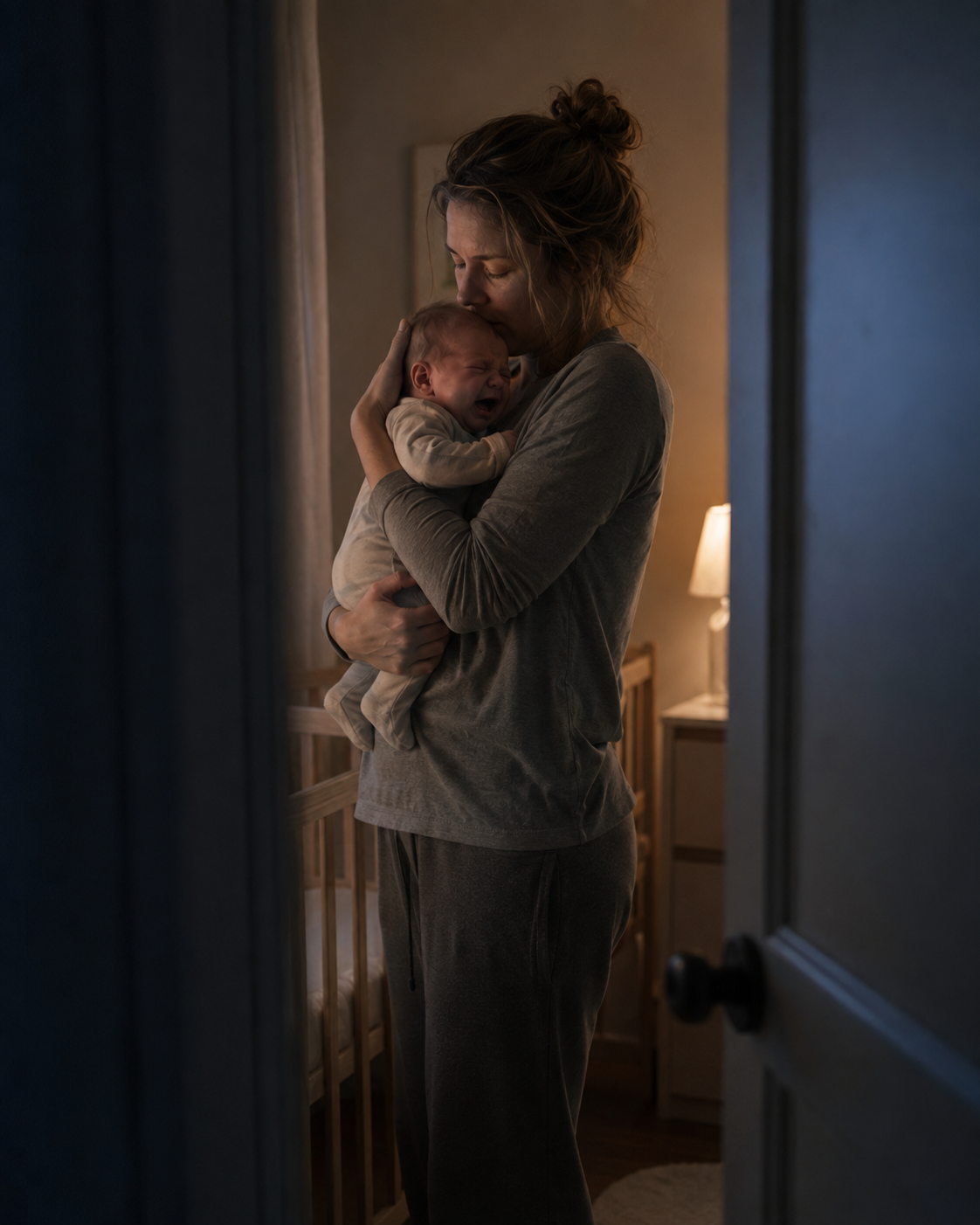 A mother caring for her baby in a quiet nursery at night