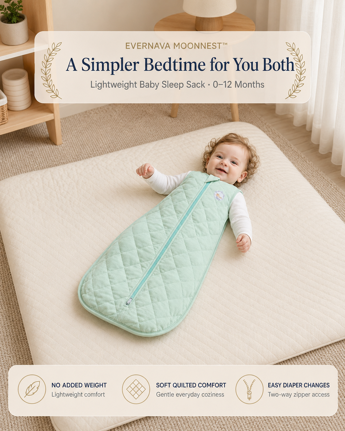 Baby peacefully wearing MoonNest in a soft, uncluttered nursery